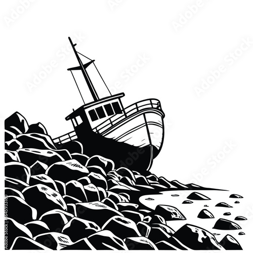 Shipwreck on rocks silhouette