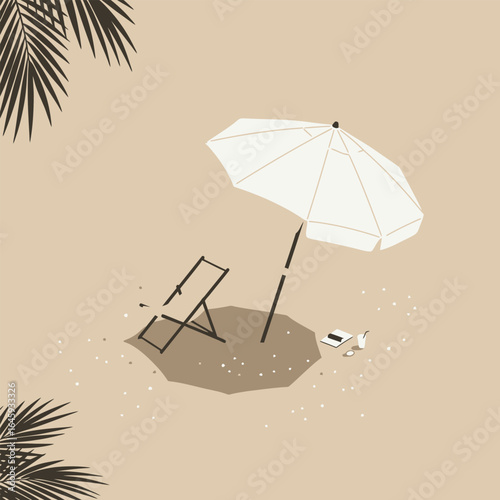 A serene beach scene with an umbrella, chair, and drink, inviting relaxation and escape on a tropical summer vacation