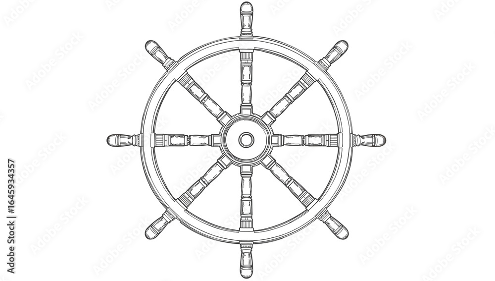 Obraz premium A Detailed Illustration of a Ship's Wheel on a Black Backdrop creating a nautical theme