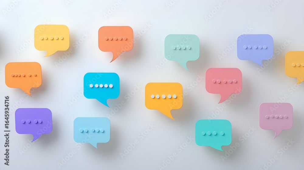 Naklejka premium minimal flat design of pastel-colored speech bubbles on clean white wall. communication and social media concept