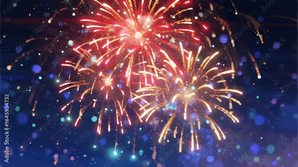 Fototapeta premium A stunning display of fireworks illuminates the dark night sky with bright, colorful bursts and patterns.