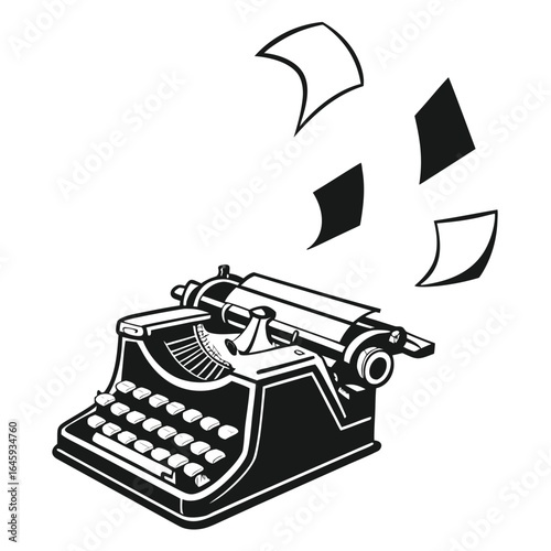 Vintage typewriter with flying pages silhouette