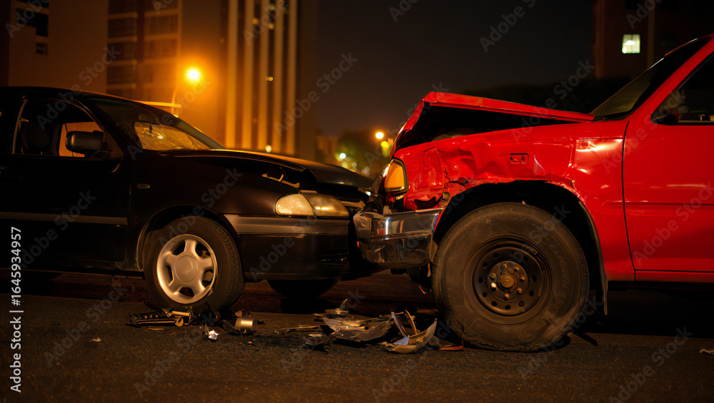 Fototapeta premium Car Crash Scene with Damaged Vehicles at Night Showing Accident Aftermath and the Importance of Safe Driving Practices and Vehicle Insurance Coverage