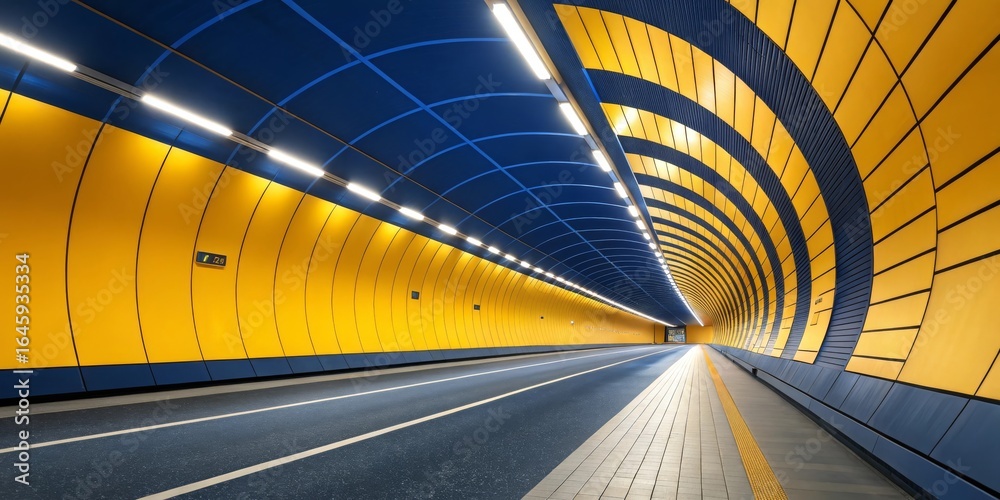 Obraz premium Vibrant modern tunnel interior with striking yellow and blue architectural design and bright lighting