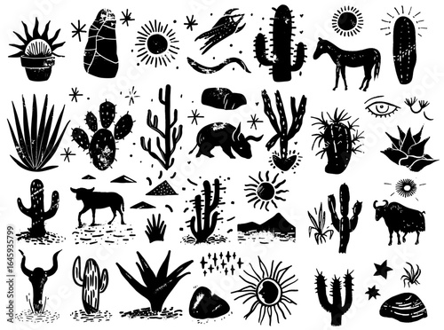 Far west desert vector elements of nature, plants, stones, animals, stars, sun, moon, cactus. Linocut style background