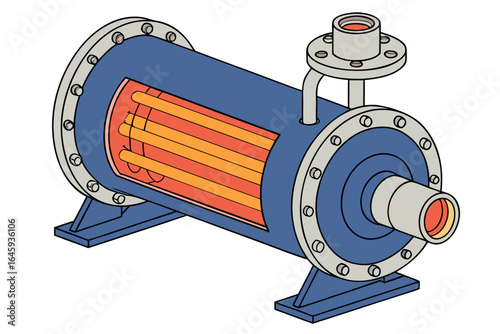 Vector of an industrial boiler in isometric view, with cartoon illustrations showing how it functions in the factory.