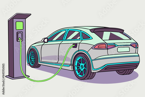 Cutaway illustration of an electric car at a charging station, showing the battery system and eco-friendly components in isometric style.