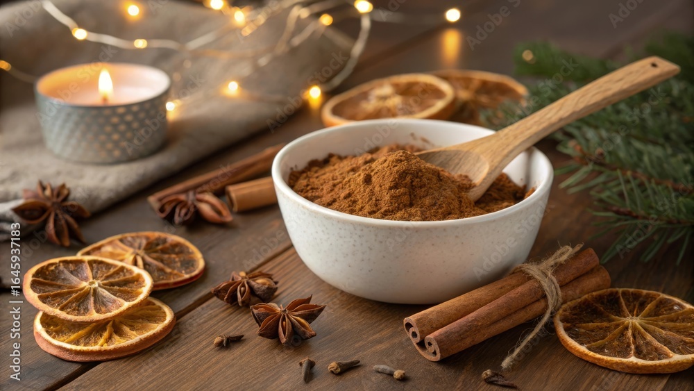 Warm winter spices and festive lights create a cozy holiday baking atmosphere with cinnamon and star anise Warm winter spices and festive lights create a cozy holiday baking atmosphere with cinnamon and star anise