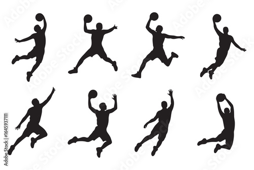 Basketball player action poses silhouette isolated on white background