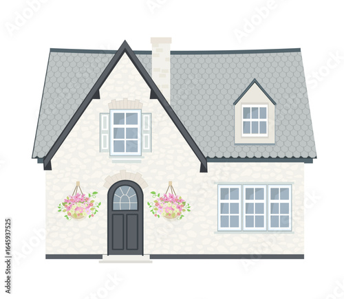 cute white stone house with grey tiled roof and chimney. isolated two story building with hanging flower pots, shutters window
