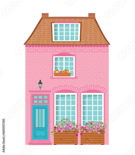 cute pink brick house with brown tiled roof. isolated three story building with flower pots, lantern