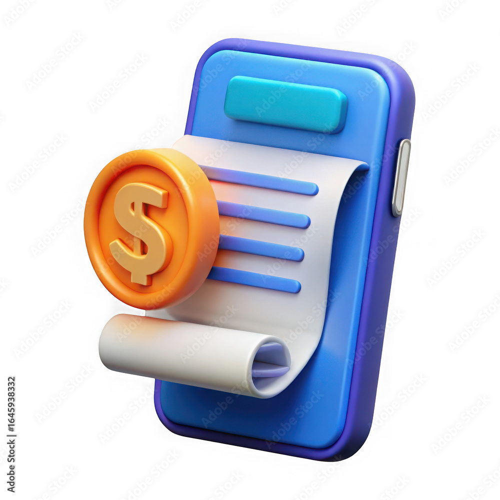 3D illustration of a smartphone displaying a bill with a dollar coin on a black background mobile isolated on a transparent background 3D illustration of a smartphone displaying a bill with a dollar coin on a black background mobile isolated on a transparent background