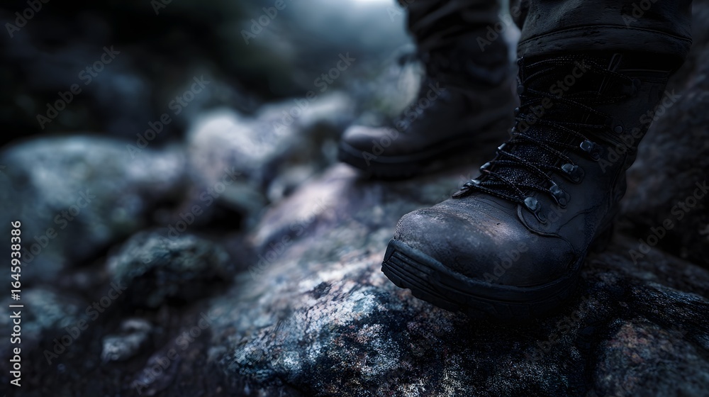 Rugged hiking boots traversing rocky terrain in the mountains Rugged hiking boots traversing rocky terrain in the mountains