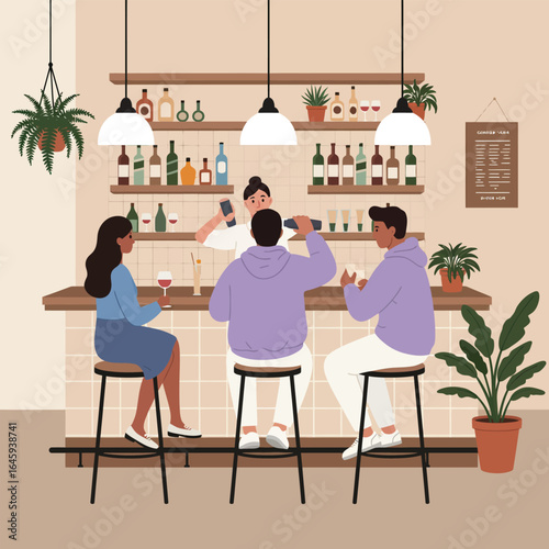 A cozy bar scene with customers enjoying drinks at the counter, featuring a bartender, plants, and a warm, inviting atmosphere and soft lighting