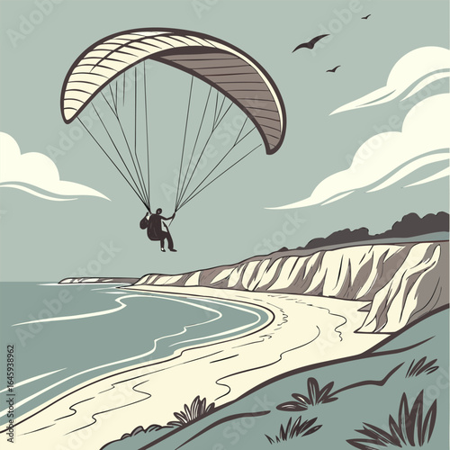 A paraglider soars above a picturesque coastline with sandy beaches and dramatic cliffs in the sky view