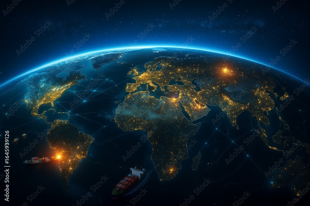 Obraz premium Stunning Aerial View of Earth at Night with Illuminated Cities and Shipping Vessels on Dark Ocean Background