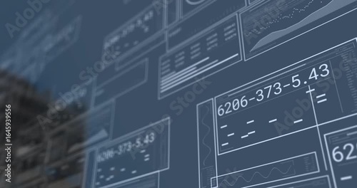 Blurred building view appearing triggers clear data panels sliding in, visualizing live metrics