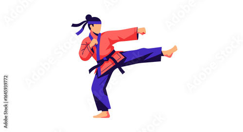 Martial Artist Executing a Dynamic Kick with Precision and Focus Displaying Control and Skill through Precise Movement and Technique for Competitive