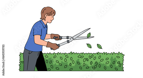 Illustration depicting a person gardening with shears, meticulously trimming a lush green hedge with precision and care showcasing outdoor