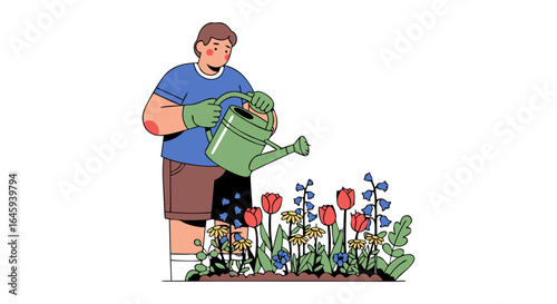 Cartoon illustration of a man tending to his garden, watering flowers with a watering can, expressing the joy of gardening and connection with nature