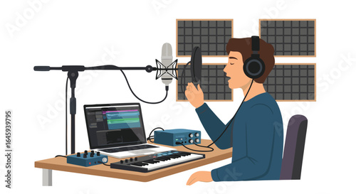 Creating Digital Audio Content: Voice Artist Recording with Microphone and Audio Editing Software Setup Inside Home Studio with Acoustic Panels