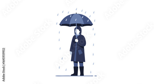 Isolated Figure Sheltered from Rain Showers Beneath an Umbrella in Minimalist Style Illustration