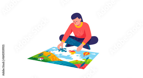 Illustration depicting a woman enjoying quiet time completing a jigsaw puzzle at home hobby concept visual creative leisure pursuits and relaxation