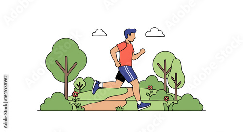 Dynamic outdoor run: Athletic figure jogging through a serene park landscape with lush greenery and clear skies depicting healthy living and vitality