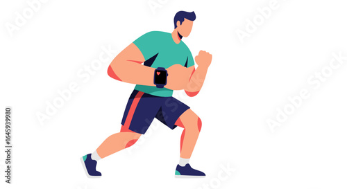 Dynamic athlete showcases health monitoring with a smartwatch during exercise routine fitness activities health metrics in vibrant cartoon style