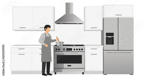 Culinary Creation: A Chef's Touch in a Modern Kitchen Setting, Showcasing Appliances and Home Cooking, Modern apartment with a man cooking