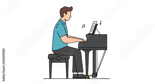 Minimalist illustration of a pianist playing a grand piano with music notes floating above showcasing musical skill and talent in a serene artistic