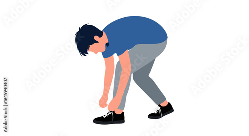 Abstract vector illustration showcasing a man tying his shoelaces with focused intent and straightforward posture and minimalistic design