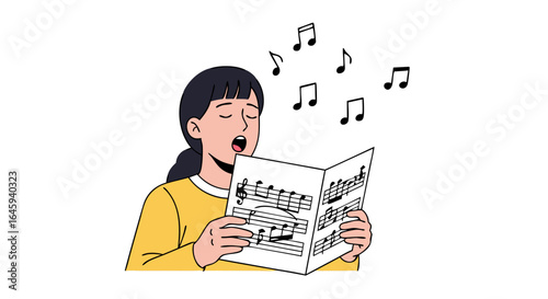 Illustration showcasing a vocalist singing with musical notation in the foreground, accompanied by floating musical notes, radiating rhythm and