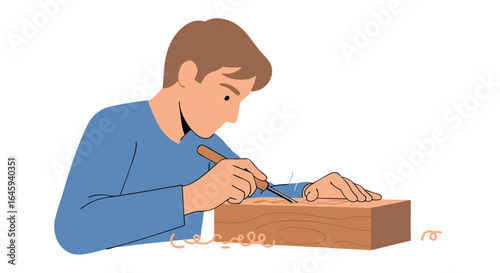 Artistic Pursuit: Cartoon man intently carving design into wooden block with sharp tool in a creative woodworking project, isolated on white