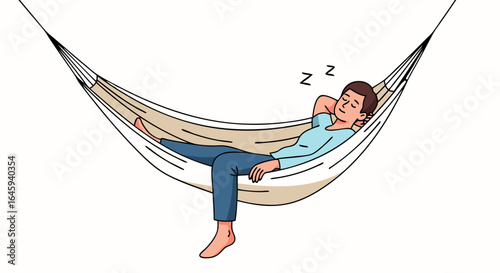 Man enjoying a peaceful nap in a hammock, resting outdoors on a serene day, relaxed, dreaming, illustration of ultimate comfort in simple pleasures