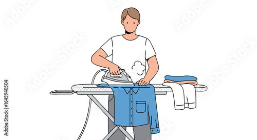 Illustrative depiction of a man ironing clothes, showcasing domestic routine with a modern visual style, clean line work for a contemporary feel