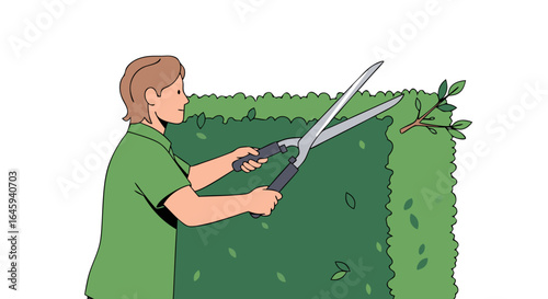 Illustration of a gardener trimming a tall green hedge with large shears in a backyard setting depiction of yard work