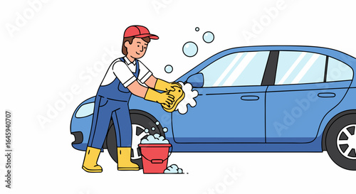 Illustration showcasing a diligent worker thoroughly washing a blue car with foamy soap and a sponge adding a touch of sparkle and gleam to the