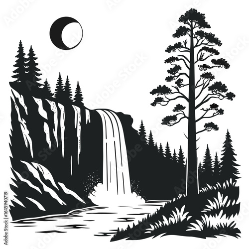 Moonlit waterfall silhouette