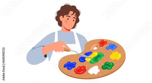 Illustration depicting a young artist with a wooden palette blending vibrant colors for their next masterpiece creation of abstract expression art