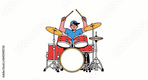 Dynamic illustration of a drummer energetically playing a red drum kit with cymbals in a vibrant cartoon style illustration