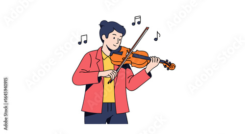 Dedicated violinist immersed in expressive melody emanating musical passion and joyful performance captured in artistic illustration portraying