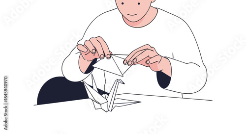 Person crafting intricate origami, folding paper into delicate shapes with creative precision, artistic expression and engaging in peaceful pastime