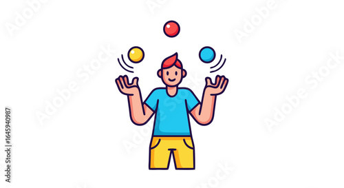 Cartoon juggler character in action, maintaining balance and showcasing coordination, demonstrating artistic skill in a minimalist style
