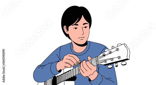 A focused musician fine-tuning the strings of an acoustic guitar with intense concentration and precision preparing for musical performance or