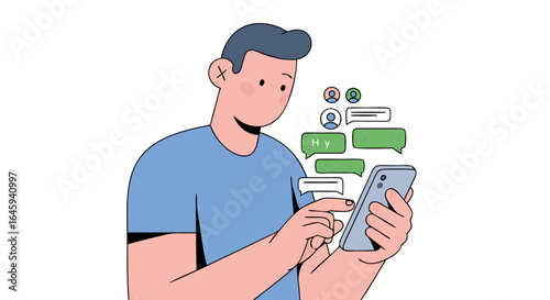 Cartoon style vector illustration of a person using their smartphone for messaging and communicating with their contacts through chat bubbles