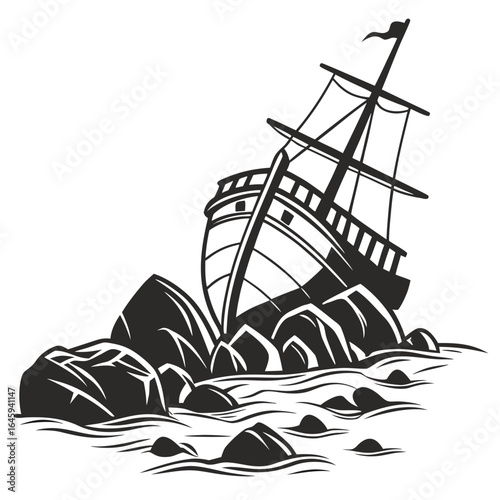 Shipwreck on rocks silhouette
