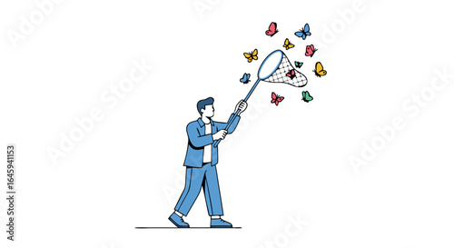 Conceptual Illustration of a Man Catching Butterflies with a Net, Representing Dreams, Aspirations, and the Pursuit of Goals Illustrated on a White