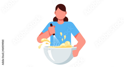 Baking preparation illustration shows a woman whisking ingredients in a bowl at home for a recipe baking concept culinary concept
