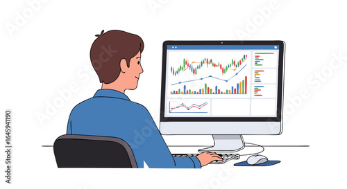 Illustration of a man analyzing stock market data on a computer screen with charts and graphs showcasing financial trends and market fluctuations